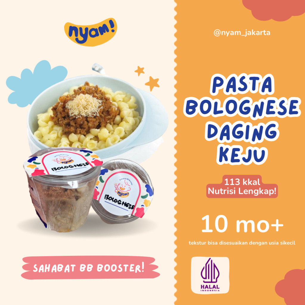 

NYAM BABY FOOD - PASTA BOLOGNESE DAGING KEJU PASTA HOMEMADE - Catering MPASI Bayi BB Booster NON MSG/Pengawet - Adwa Organic