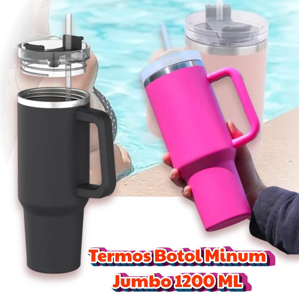 Tumblr Termos Gelas botol Minum Jumbo Besar 1200 ML Tahan Panas Dingin Stainless Steel Sedotan Handl