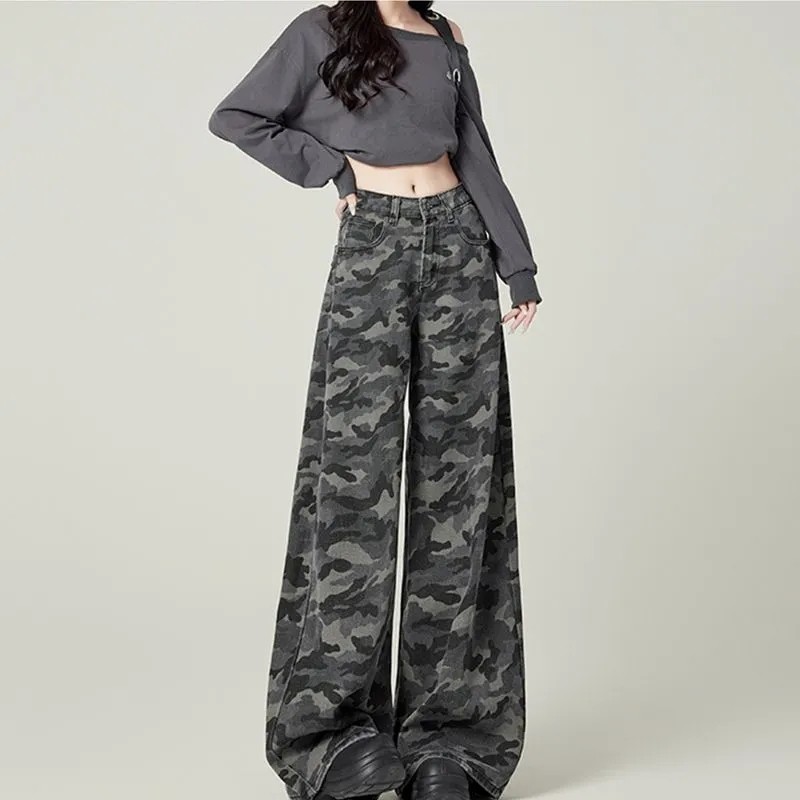 Celana Jeans Wanita Korea High Waist Cargo Wide Leg Celana Panjang Denim Loreng Baggy Lurus Casual T