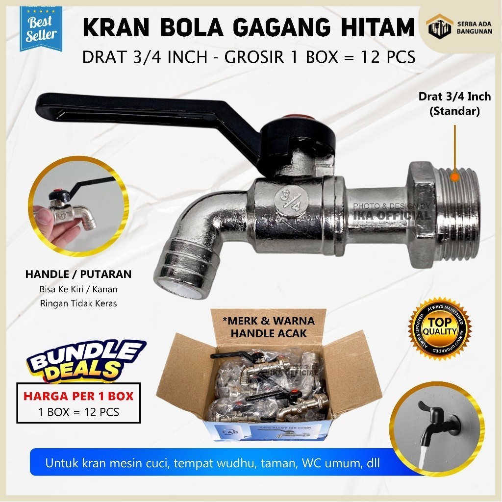 SAB 1 lusin kran besi engkol gagang hitam 1box isi 12pcs keran air 3/4 inchi grosir / Kran bola gaga