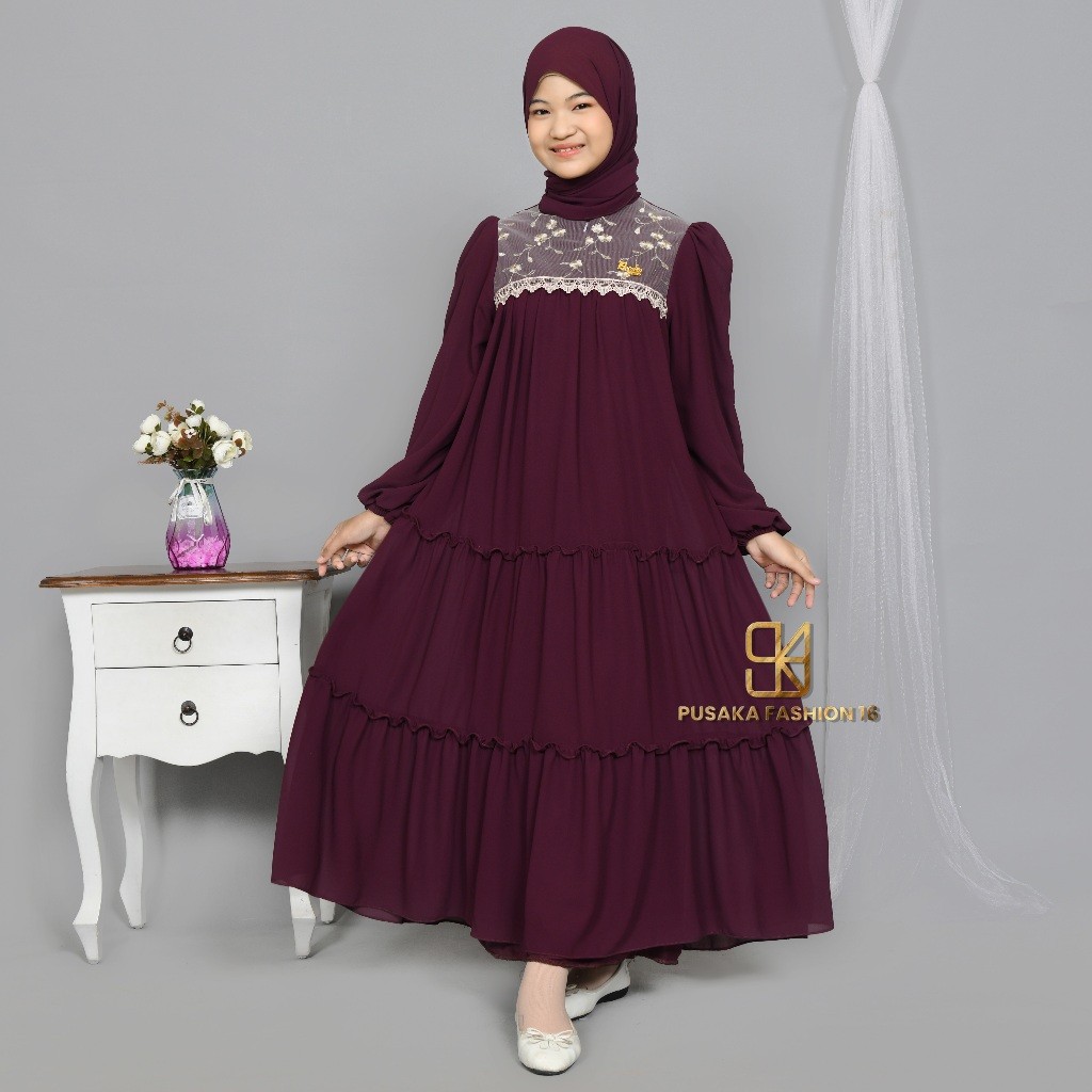 Gamis Hawa anak remaja tanggung ceruti babydoll premium mix tulle tille brukat brokat dan renda