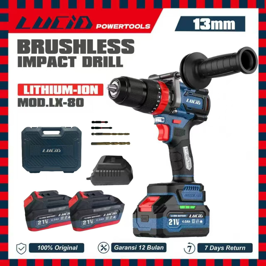 LUCID LX-80 Brushless Mesin Bor 13MM 4.0A 21V EVE 20P A-Class Lithium Battery 160NM Bor Listrik Impa