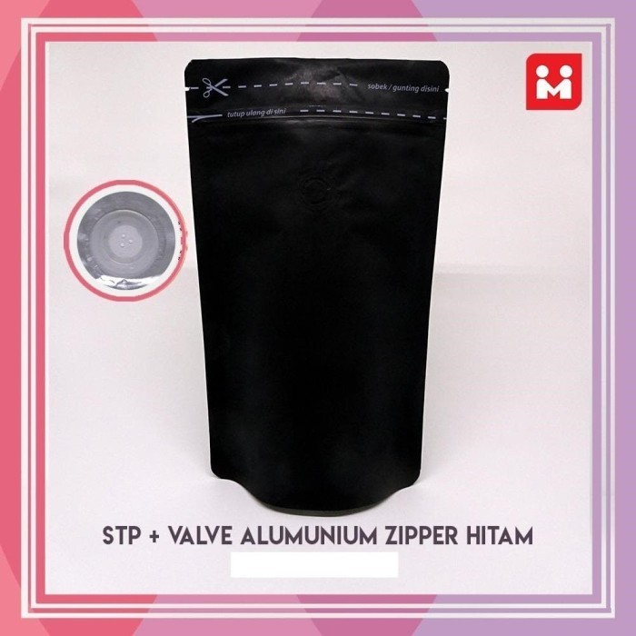 

Kemasan Kopi Standing Pouch Valve + Zipper Hitam 250gr