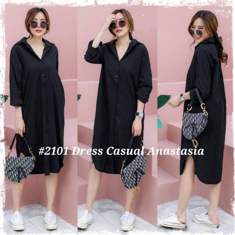 BFS - ZEC Dress Casual Anastasia / Dress Casual Wanita / Dress Hitam Polos / Dress Kemeja Wanita / D