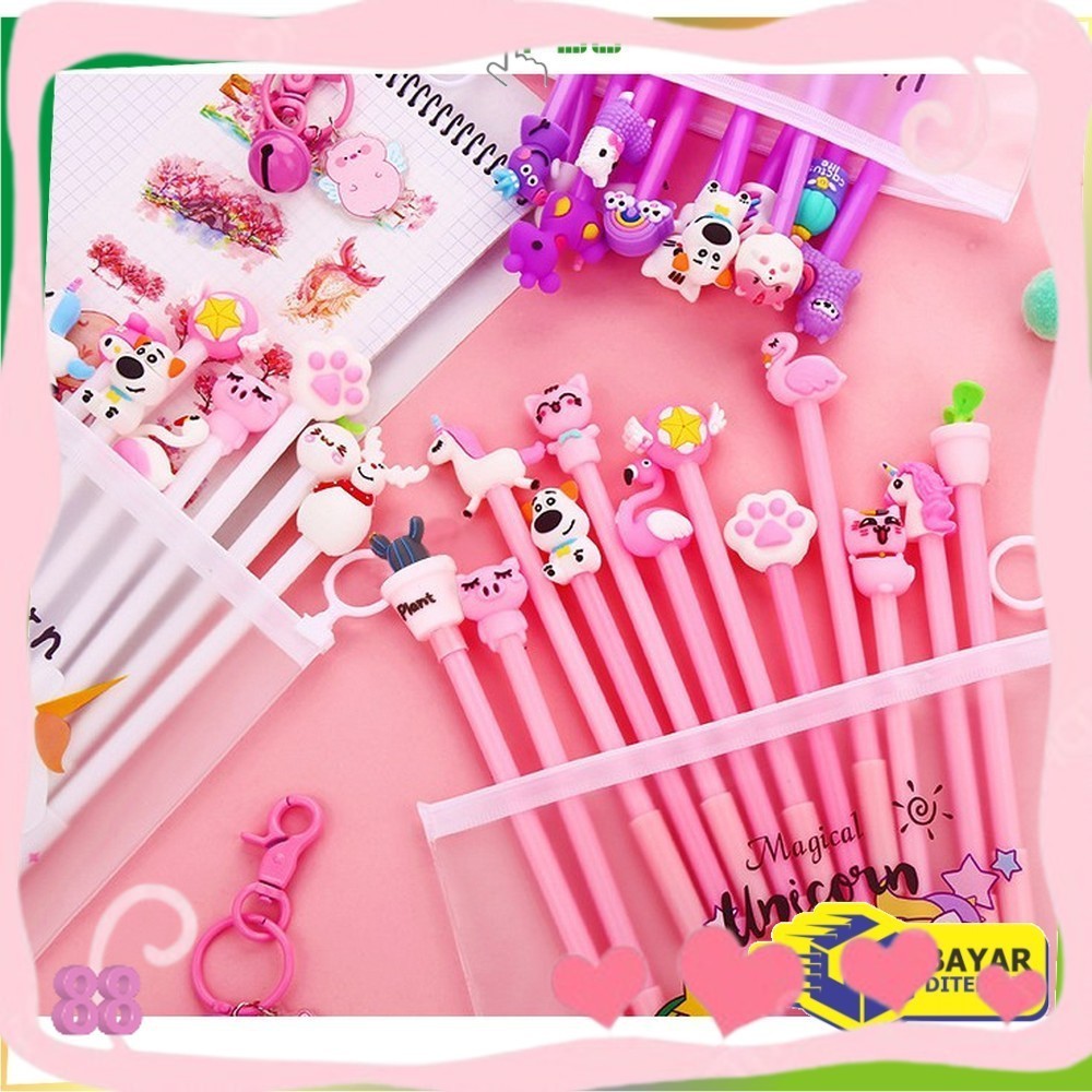 

*COD*FH-A15 Pulpen Gel Karakter Lucu Set Isi 20PCS Pena FREE Zipper Pouch Tempat Pensil Transparan