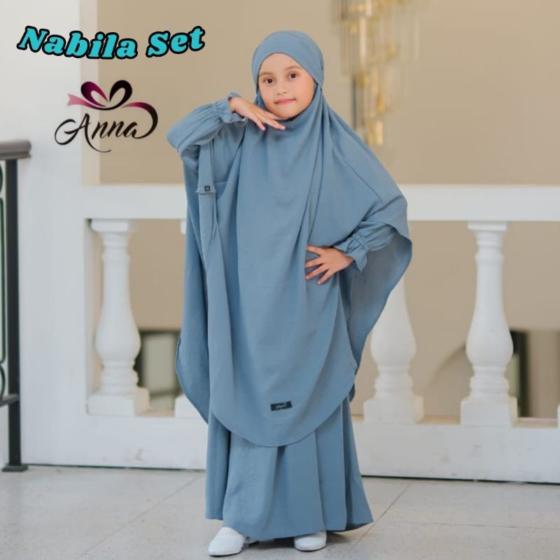 Malano Style - Gamis Anak Perempuan French Khimar Nabila Set Hijab Warna Denim Usia 3-12 Tahun