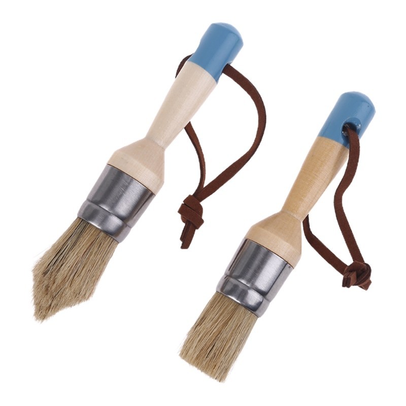

2024 New 2 Pcs Round and Pointed Chalk Paint Wax Brush Ergonomic Wood Handle Natural Bristle Brushes Furniture DIY Painting Tool