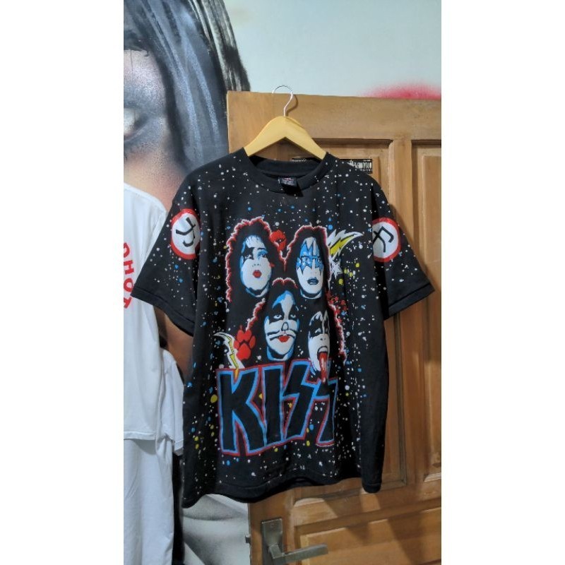 Kiss Vintage Aop Member Face Tee Giant 1992 Kaos Band Official Tshirt Short Sleeve Heavy Cotton Orig