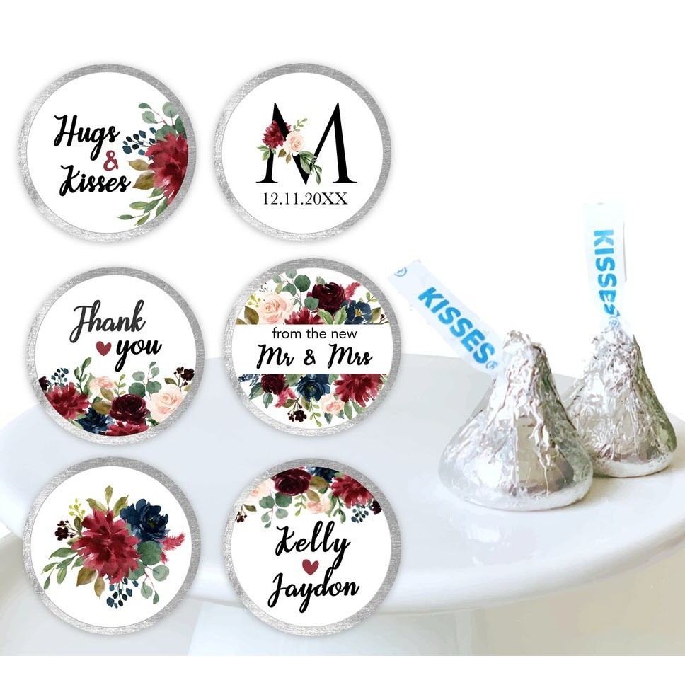 

200 Hershey's Kisses stickers - burgundy theme, personalised Stickers, wedding favours, bridal shower, Custom Stickers