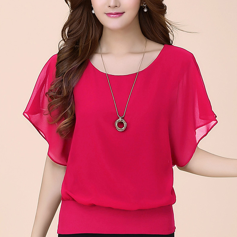 

Chiffon Blouse Women Top Solid Color O Neck Loose Pullover Batwing Sleeve Ruffle Shirts Blouse Women'S Clothing Casual Summertop
