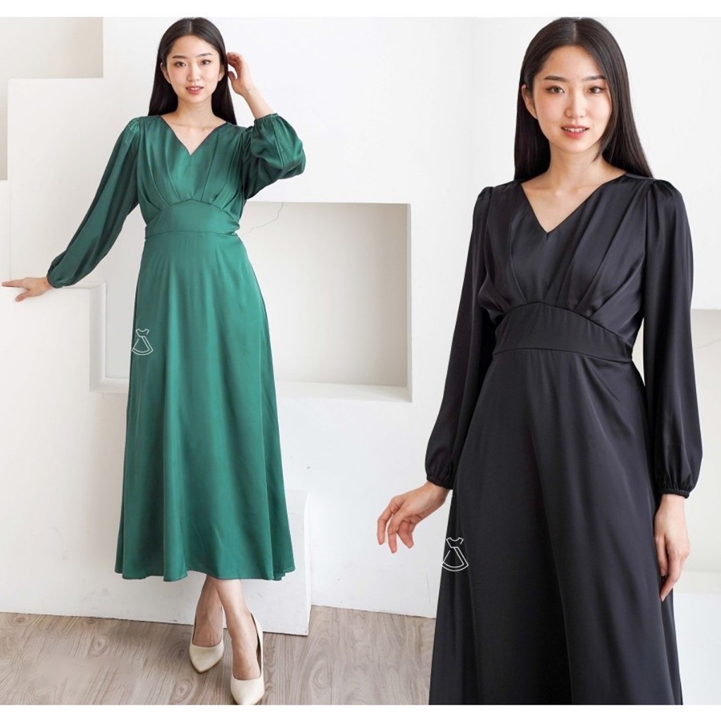 LEBARAN DRESS V NECK MUSLIM DRESS KOREAN STYLE DRESS MIDI DRESS SARIN KOREAN STYLE - DS1708 - Natal 