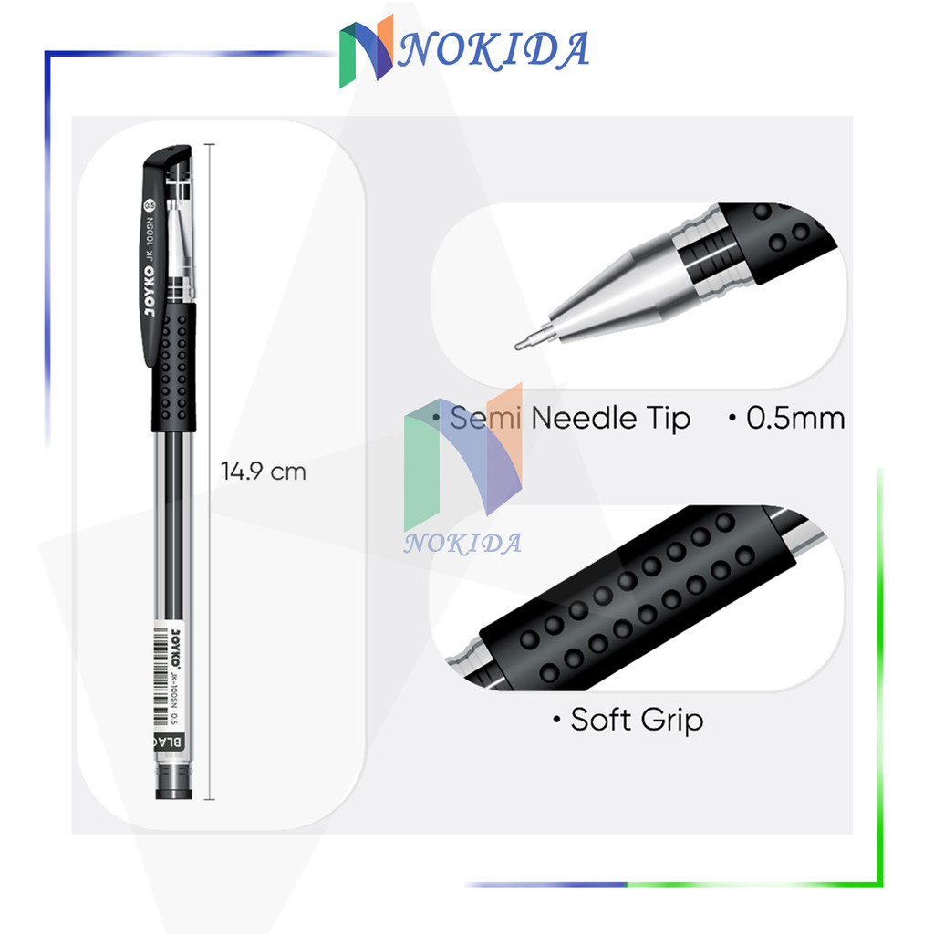 

Nokida Ballpoint Gel Joyko JK-100SN (1 Pack/12 Pcs/0.5 Mm) / Pena Jel 1 Pak Tinta Hitam Biru Merah / Alat Tulis Sekolah Kantor