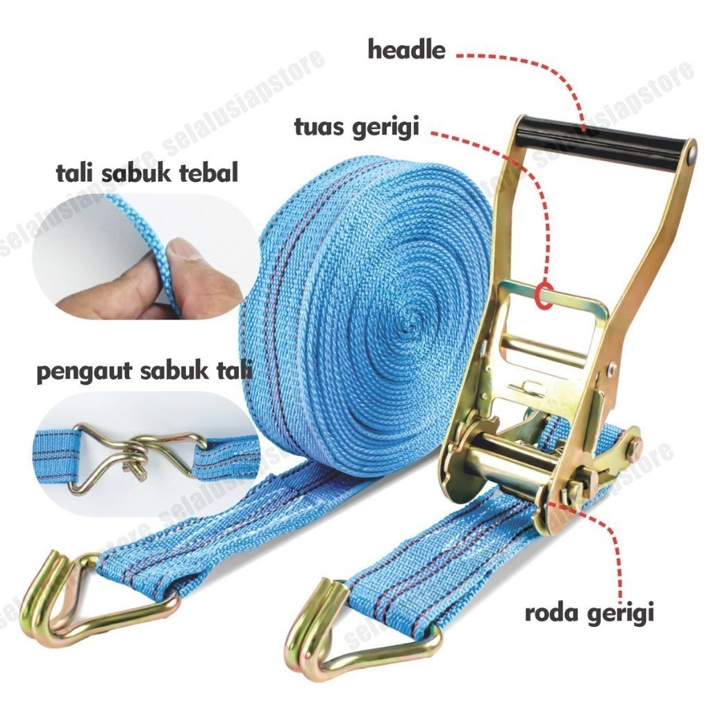 HJK Rachet Tie Down 5cm 6 8 10 12 15 m Tali Krek Cargo Lashing 2" Inch Inci Dim 6m 8m 10m 12m 15m