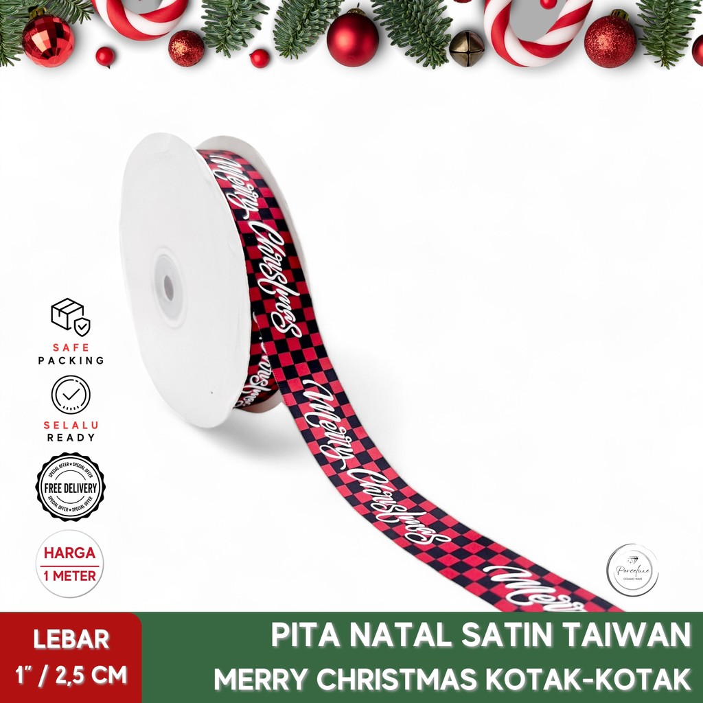 

[Meter] Pita Natal Satin Taiwan Motif Kotak Merry Christmas Warna Merah Hitam Lebar 1" Inch / 2,5 cm Kado Hiasan Dekorasi Hampers Parcel Craft Grosgrain Premium Xmas