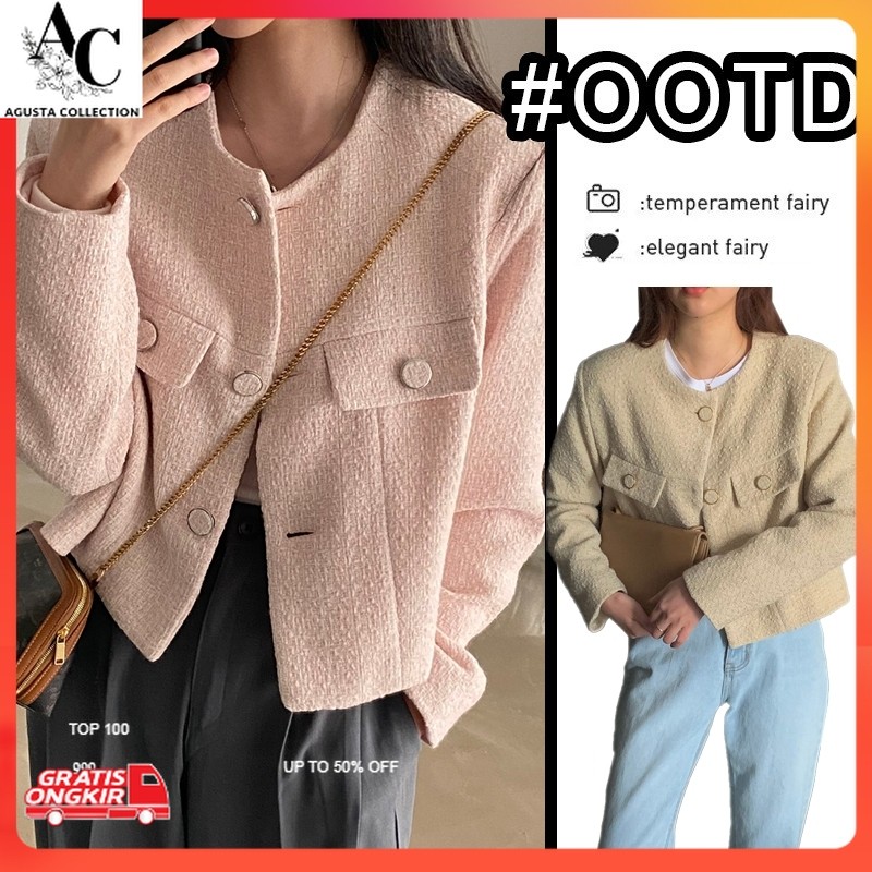 Outer Cardigan Korea / COD Korean Pink Premium Tweed Jaket Impor | Jaket Wanita Korean Style Lengan 