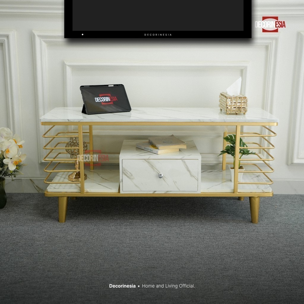 Decorinesia Meja TV Minimalis Dilan| Bufet Industrial Bahan Besi & Hpl Motif Marmer Lemari Tv