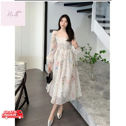 Dress Korea / PRINCESS V-NECK KOREAN STYLE WAISTBAND (Original By FADFAD)Dress French Retro Dress Wh