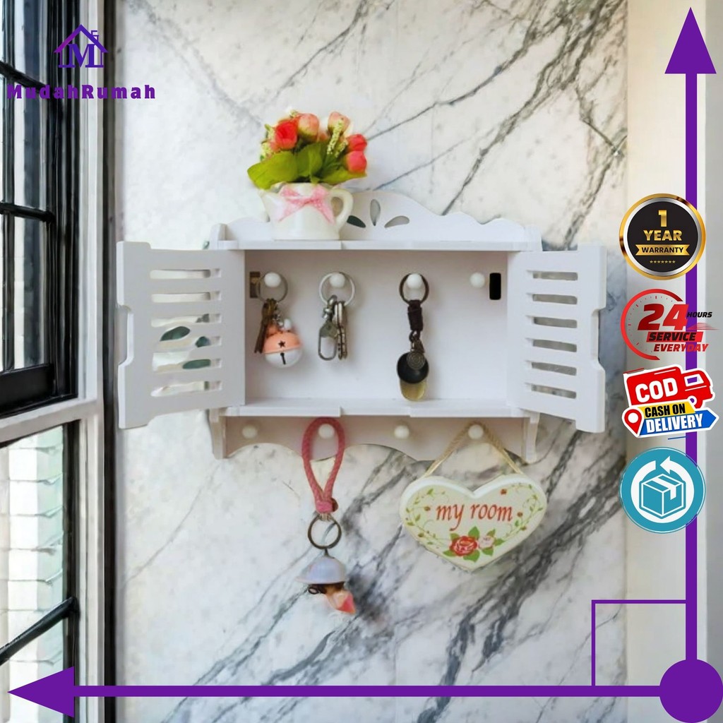 MudahRumah - Rak Sudut Dinding Laci Dengan Hook Gantungan Vintage Tempat Kunci Obat-obatan Skincare 
