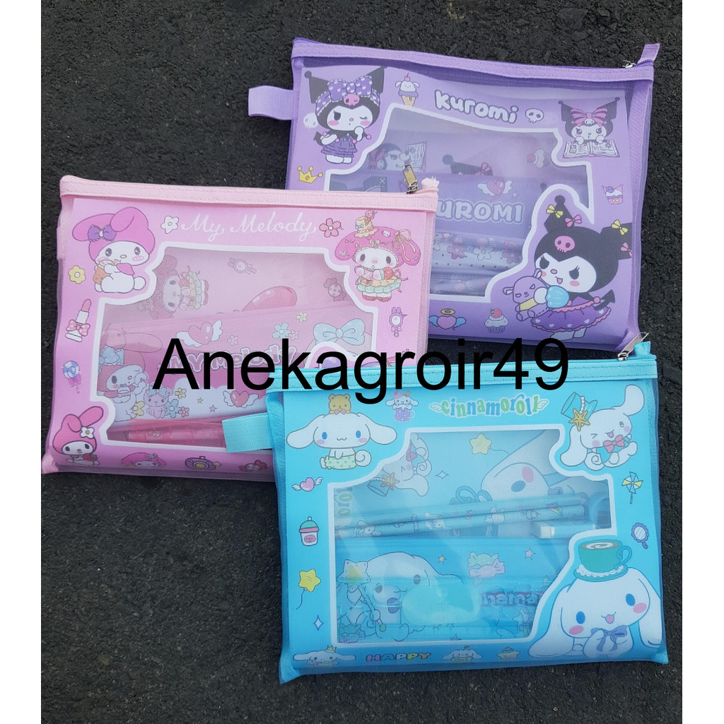 

SAG Alat Tulis Stationary Set Pouch Jaring Sanrio Kuromi Cinnamoroll Melody Souvenir Anak Lucu Aesthetic/8in1 Karakter 6027