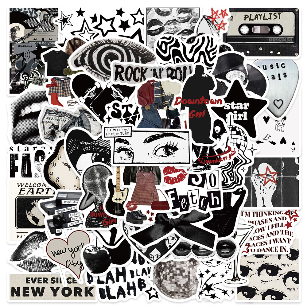 

50pcs 90s 00s Retro Black and White Y2K Girls Aesthetic Stickers For Luggage Laptop Guitar Phone Diary Waterproof Vinyl Decals