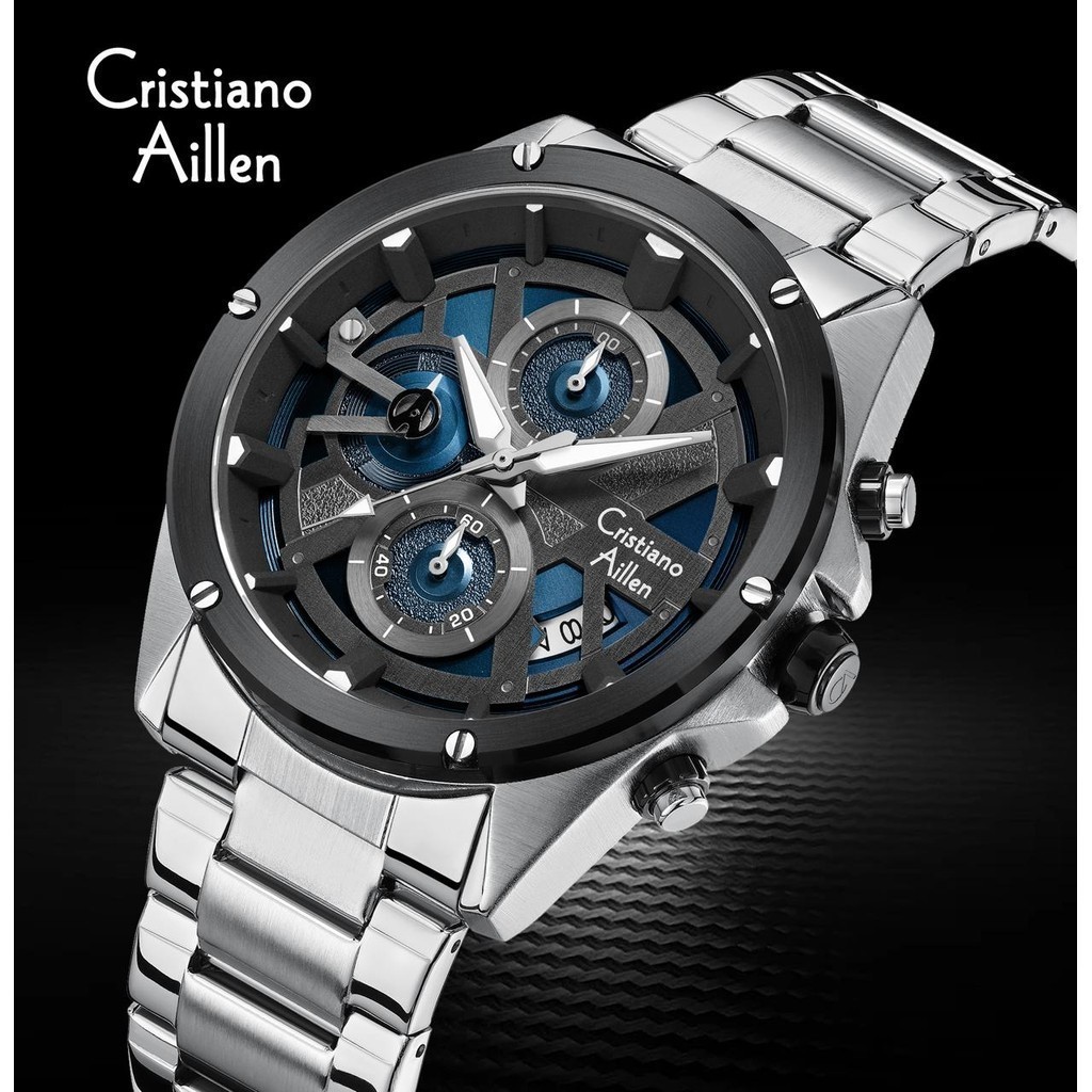 candygurll Cristiano Aillen Jam Tangan Pria og 8895 Rai Stainless Steel Chronograph Kaca Sapphire