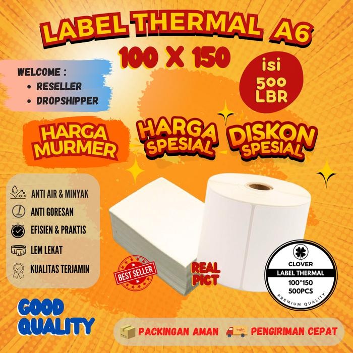 

KERTAS THERMAL LABEL STICKER 100X150 BARCODE UKURAN A6 - 500-ROLL