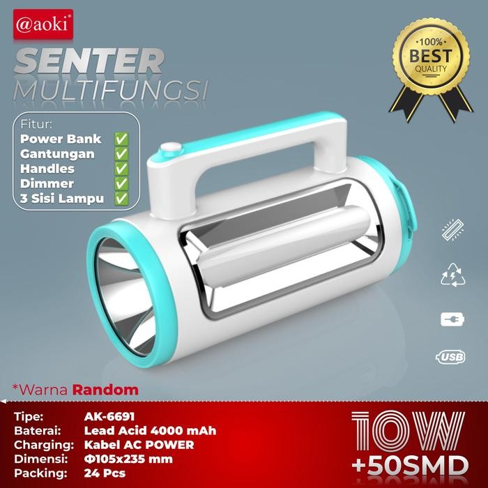 Hot Produk AOKI Senter Multifungsi 10W+50SMD POWER BANK Baterai Lampu Putih Solar Usb Usb - 10W 4000