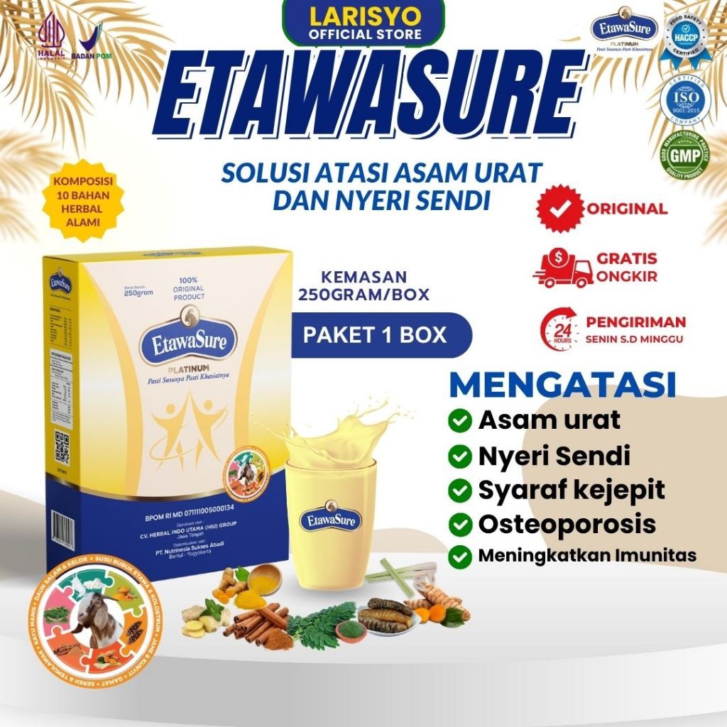 

Etawasure Platinum Susu Kambing Etawa Herbal Rasa Jahe Untuk Asam Urat dan Nyeri Sendi Isi 250gr