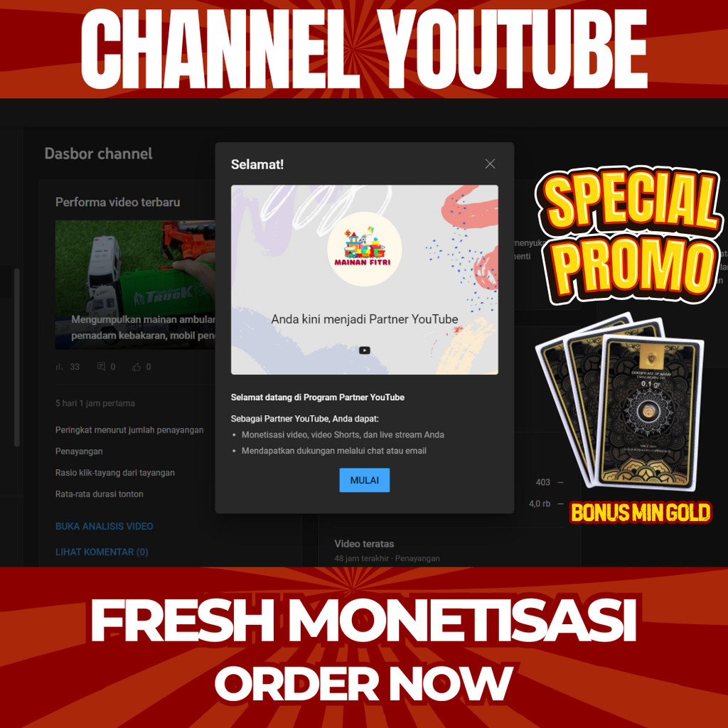 JUAL AKUN YOUTUBE SUDAH MONETISASI (FRESH) TINGGAL PAKAI SEPAKET ADSENSE
