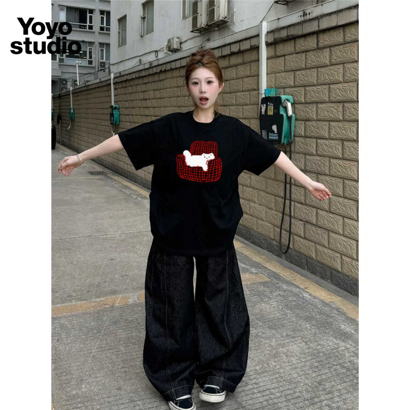 Kaos Wanita Lengan Pendek 2025 - Sablon Kucing Kartun Lucu, Bahan Katun Adem Premium Gaya Korea [Ove