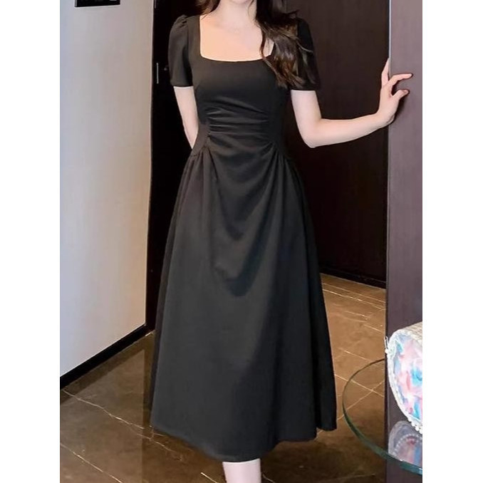 HOT PRODUCT Meirong summer midi dress hitam polos pantai panjang wanita korea style baju black dress