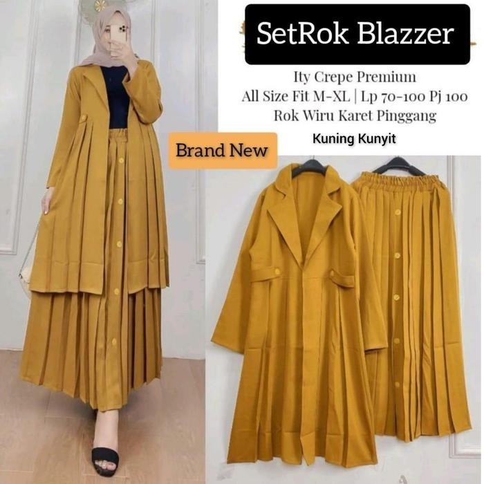 SetRok Blazer Rok Plisket Fit Karet Setelan Wanita - Kunyit