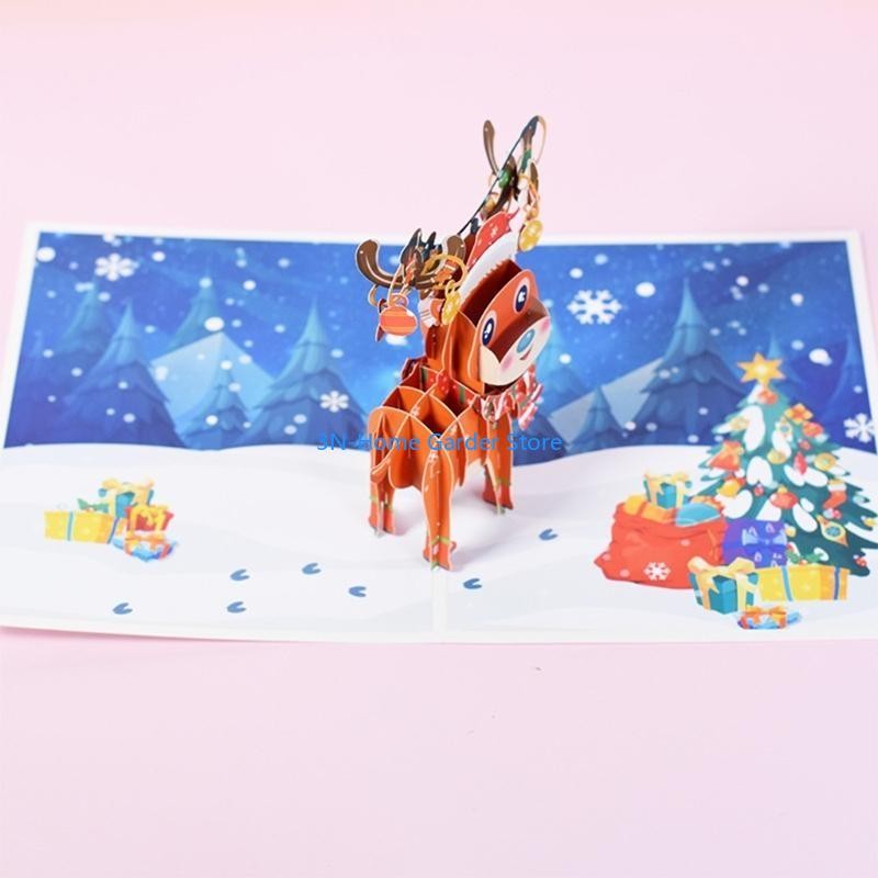 

G32F Redeer Elk 3D Pop-Up Greeting Card for Xmas New Year Winter Holiday Postcards Gifts with Envelope