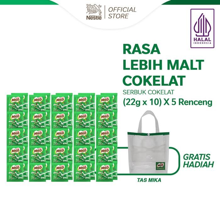 

MILO ACTIV-GO Susu Bubuk Rasa Cokelat Sachet (10x22g) x 5 Renceng Free Tote Bag Mika
