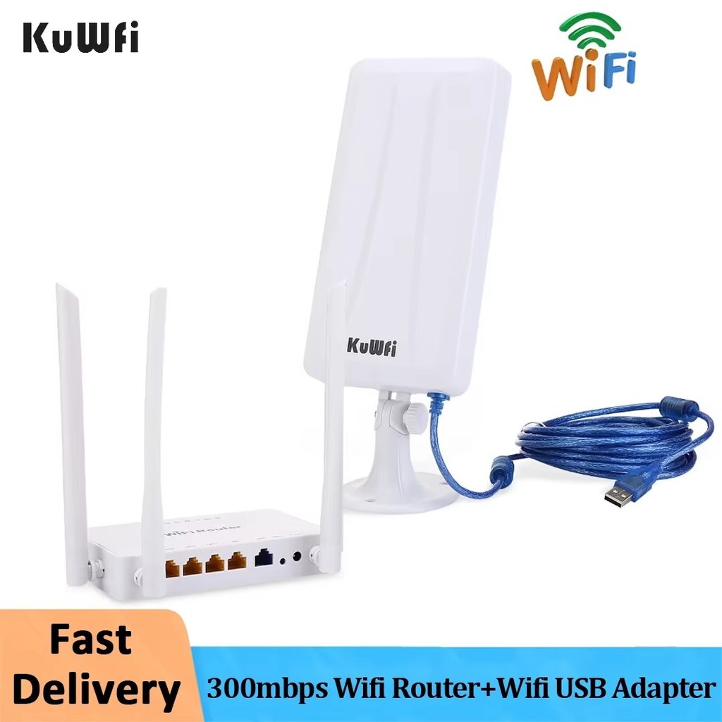 KuWFi 300mbps Wireless Router and High Gain Wifi USB Adapter Extend Wifi Signal High Power Receiver 