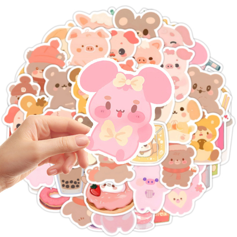 

50PCS Kawaii Pink Pig Stickers Little Bear Stickers Aesthetic Animal Decals Kid Toy DIY Decoration Scrapbooking Stationery Gifts