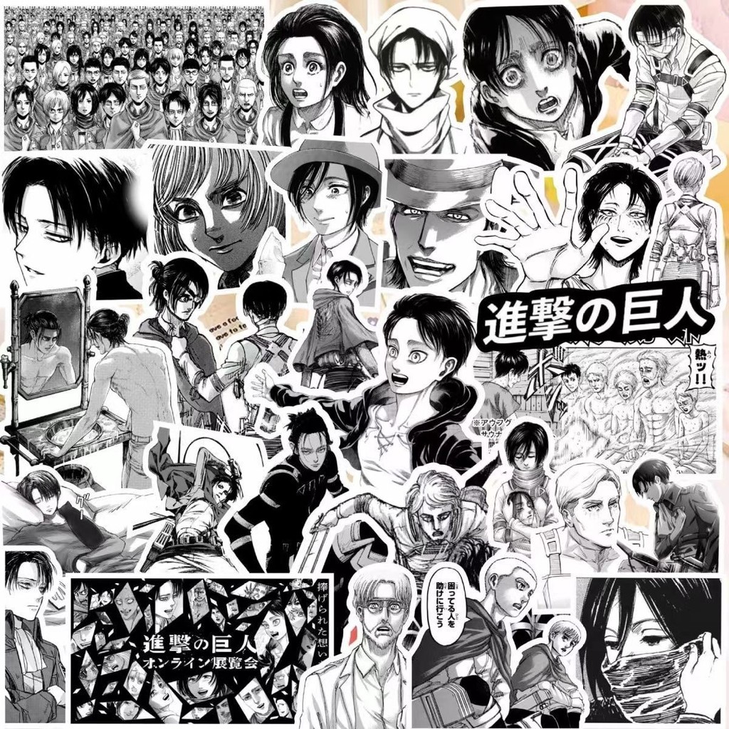

60pcs Attack on Titan Black and White Stickers Mikasa Allen Levi Stickers Notebooks Pinup Picture Decoration For Kids Toy