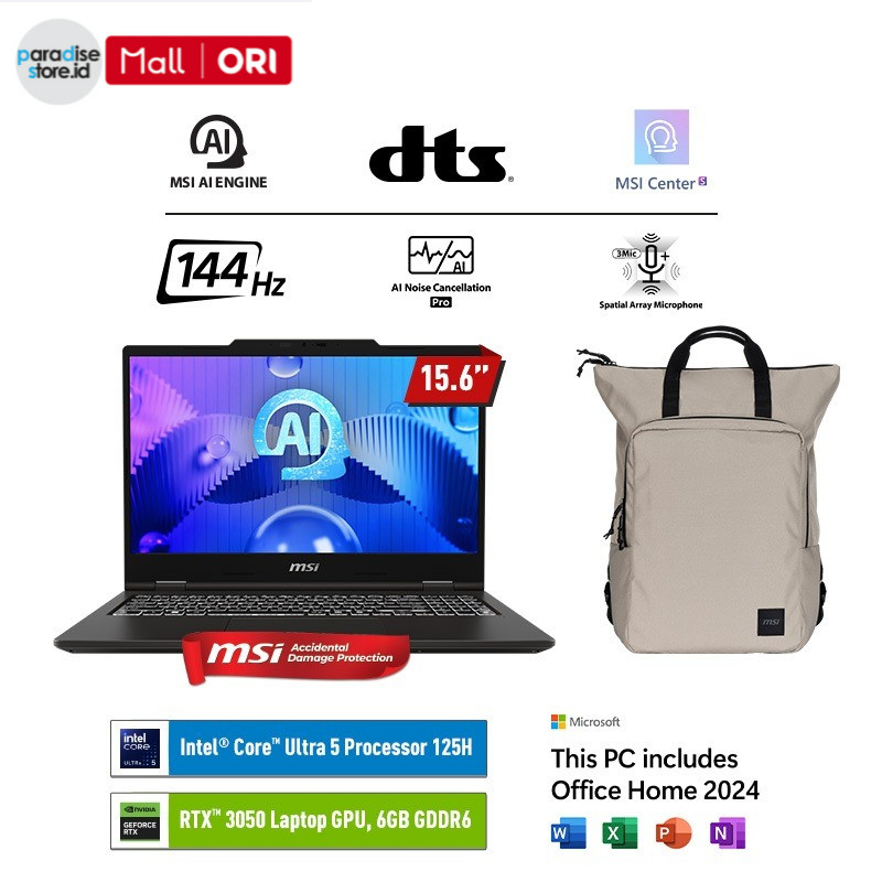 MSI VenturePro 15 AI A1UDXG-023ID Ultra 5 - 125H/16GB/512GB/NVIDIA RTX 3050 6GB/W11/OHS24/15.6" FHD