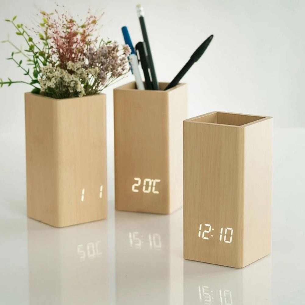 

Pencil Holder Digital LED Silent Clock with Pen Holder Multifunctional Wooden Office Organizer Desktop Office Container