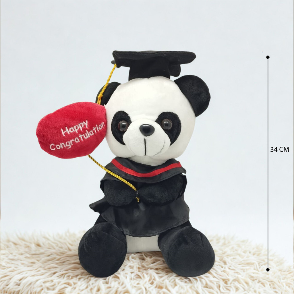 Boneka Panda Wisuda 34CM Pegang Balon Happy Congratulation Toga Hitam Hadiah Kelulusan Anak Teman Pa
