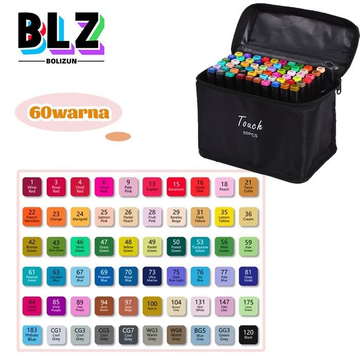

BOLIZUN 2 in 1 Spidol dan Stabilo Touch Isi 24/36/48/60/80 Warna Dual Side Fine Art Brush Pen Sketsa - 60 Warna