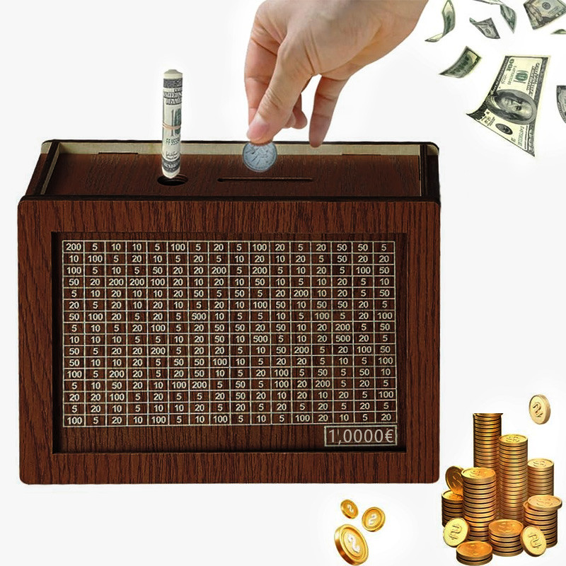 Wooden Money Saving Box Reusable Piggy Bank Money Container for 1000/2000/3000/5000/10000 Euro Cash 