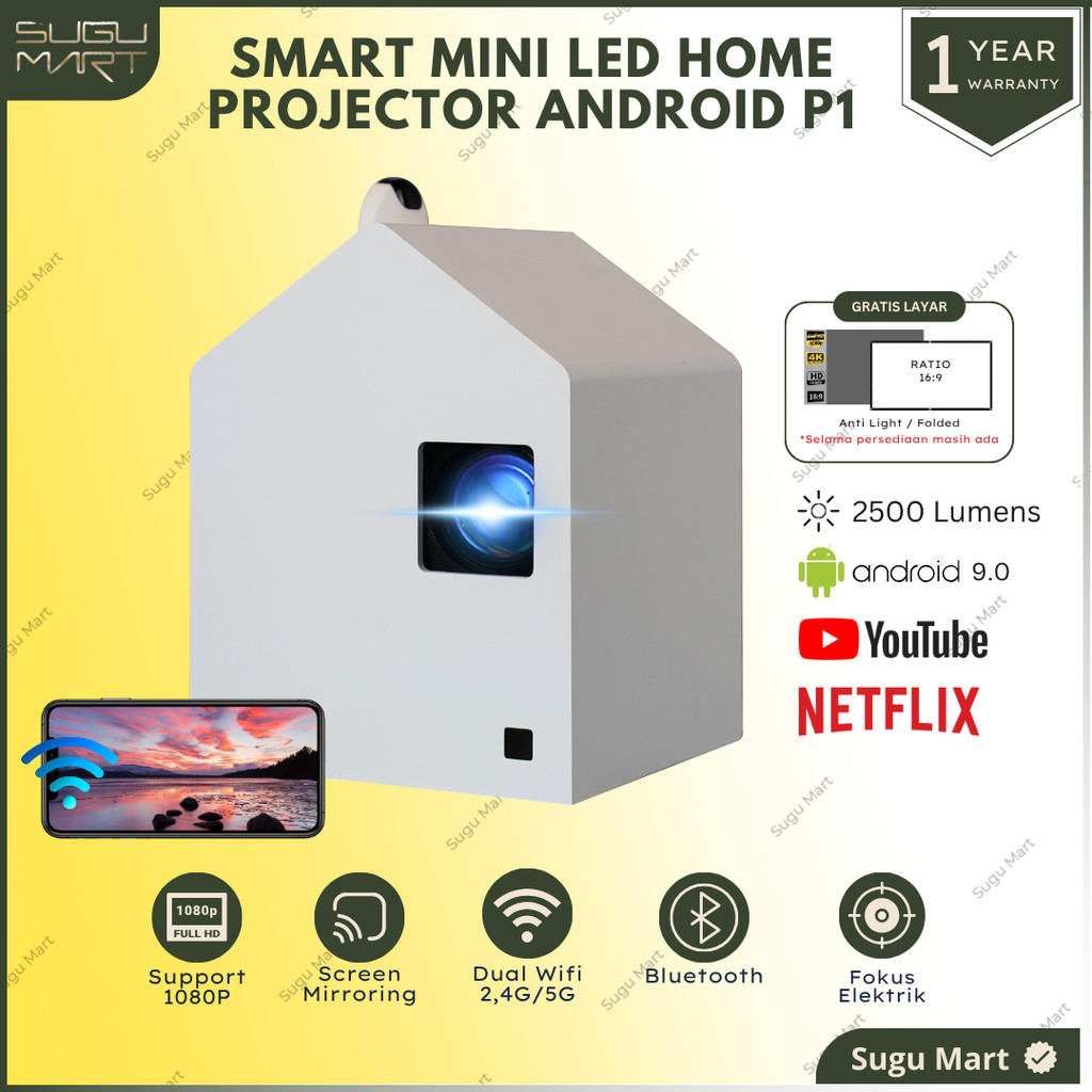 Proyektor Mini P1 Android 2500 Lumens RAM 1 / 8 GB Full HD 4K 1080P Elektrik Fokus  | Proyektor Mini