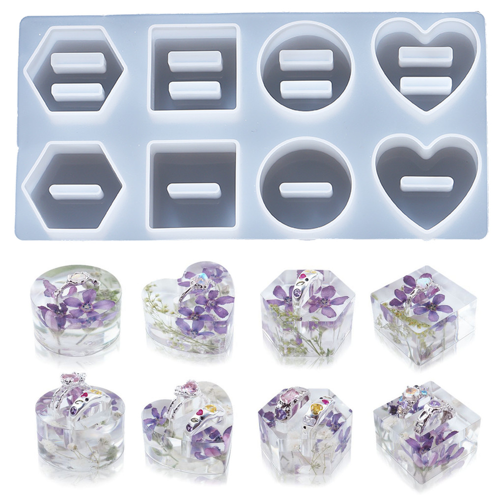 

8 Holes Ring Holder Crystal Epoxy Resin Mold Round Hexagonal Love Ring Support Mirror Silicone Mold DIY Ring Display Stand Molds