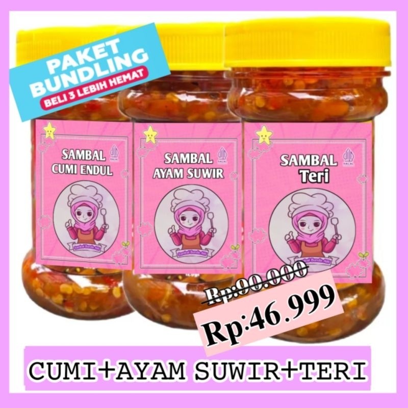 

New promo [150 GRAM] PAKET BUNDLING 3 SAMBAL BUNDA ALFI (Cumi+Ayam Suwir+Teri)Premium
