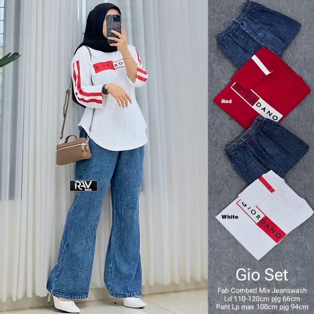 USYSHOP ONE SET JEANS MERAH PUTIH JUMBO CUTBRAY MIX COMBED 20s / GIO SET / DIRGA SET