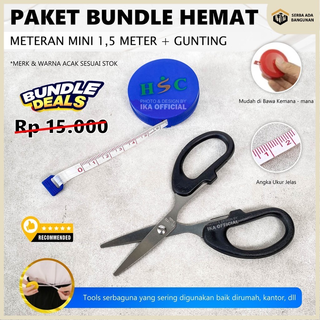 

SAB Paket Hemat Murah Meteran Gulung Mini + Gunting Tajam Serbaguna / Gunting Kertas Size Sedang Medium Tanggung