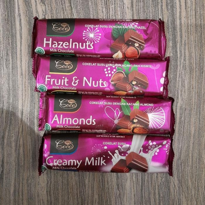 

Coco Milk Chocolate Bar Import 100gr Varian Almond / Hazelnut / Fruit & Nuts / Creamy Milk