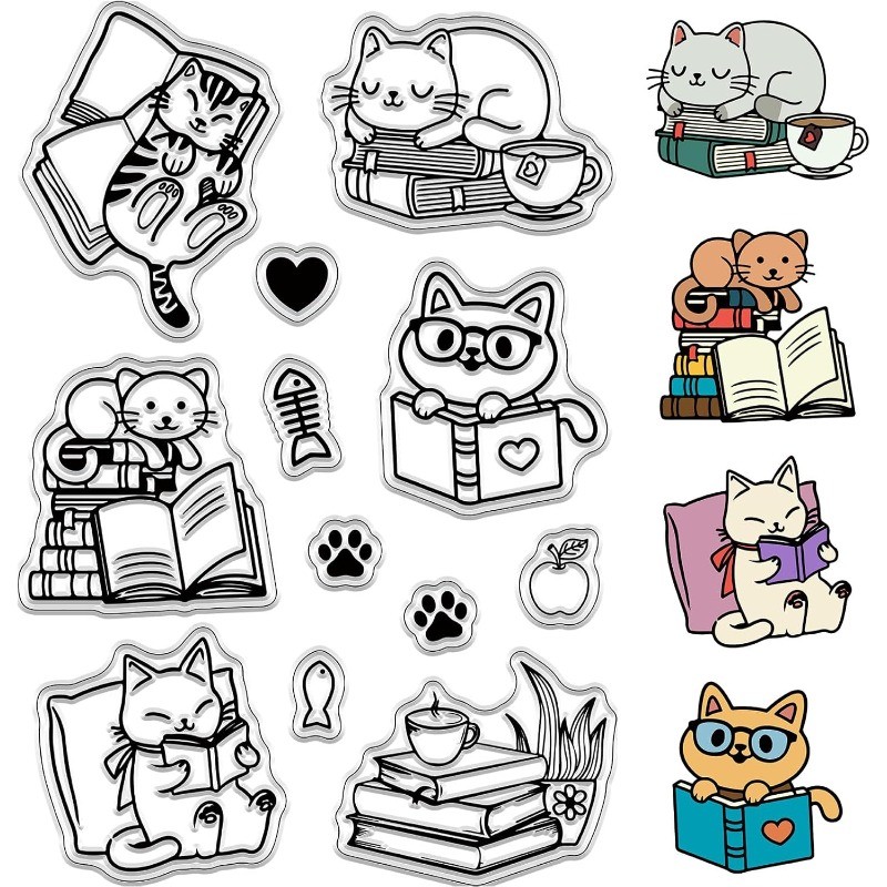 

1Sheet Cat Clear Stamps Cartoon Animal Book Heart Reusable Retro Transparent Silicone Stamp Seals for DIY Scrapbooking Supplies