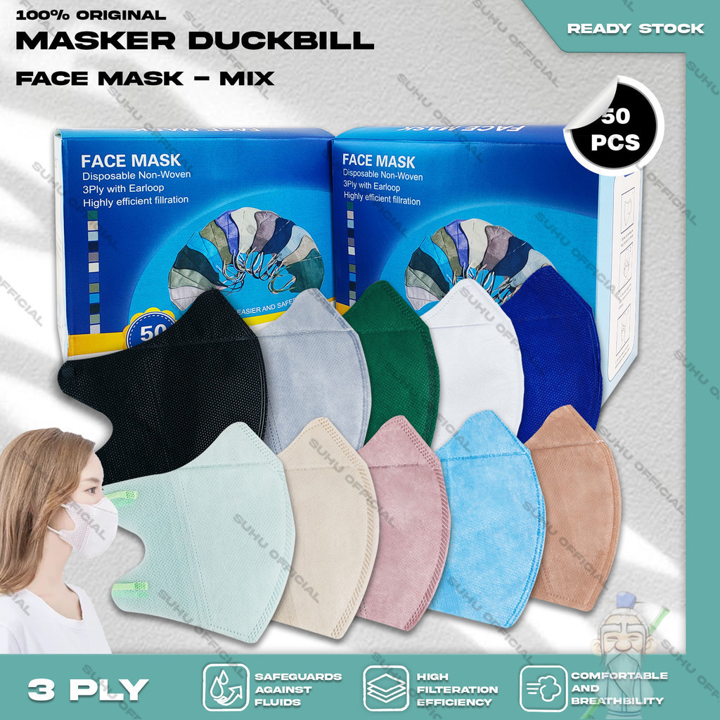 Masker Duckbil FACEMASK 3Ply isi 50Pcs Warna Mix Soft Nude Duckbill 3 Ply Headloop Earloop Surgical 